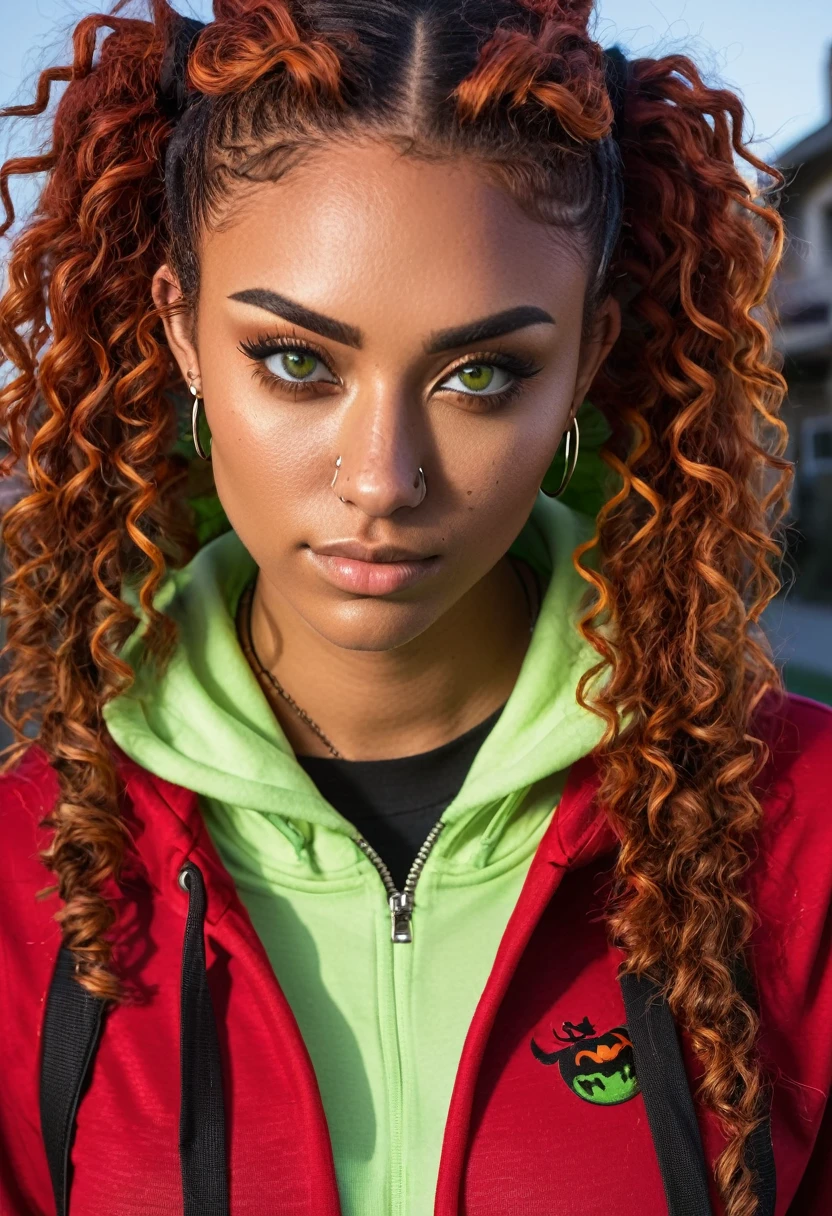 slightly tall young woman, light brown skin, light green eyes. Long brown and red curly hair with pigtails and red dye, spiked blood red hoodie, black jeans, necklace, evil face, evil pose, nose piercing, transparent lipgloss, slim built, very beautiful, late adolescent, 19 years old, full body photo, long legs, LA city setting, nighttime during halloween