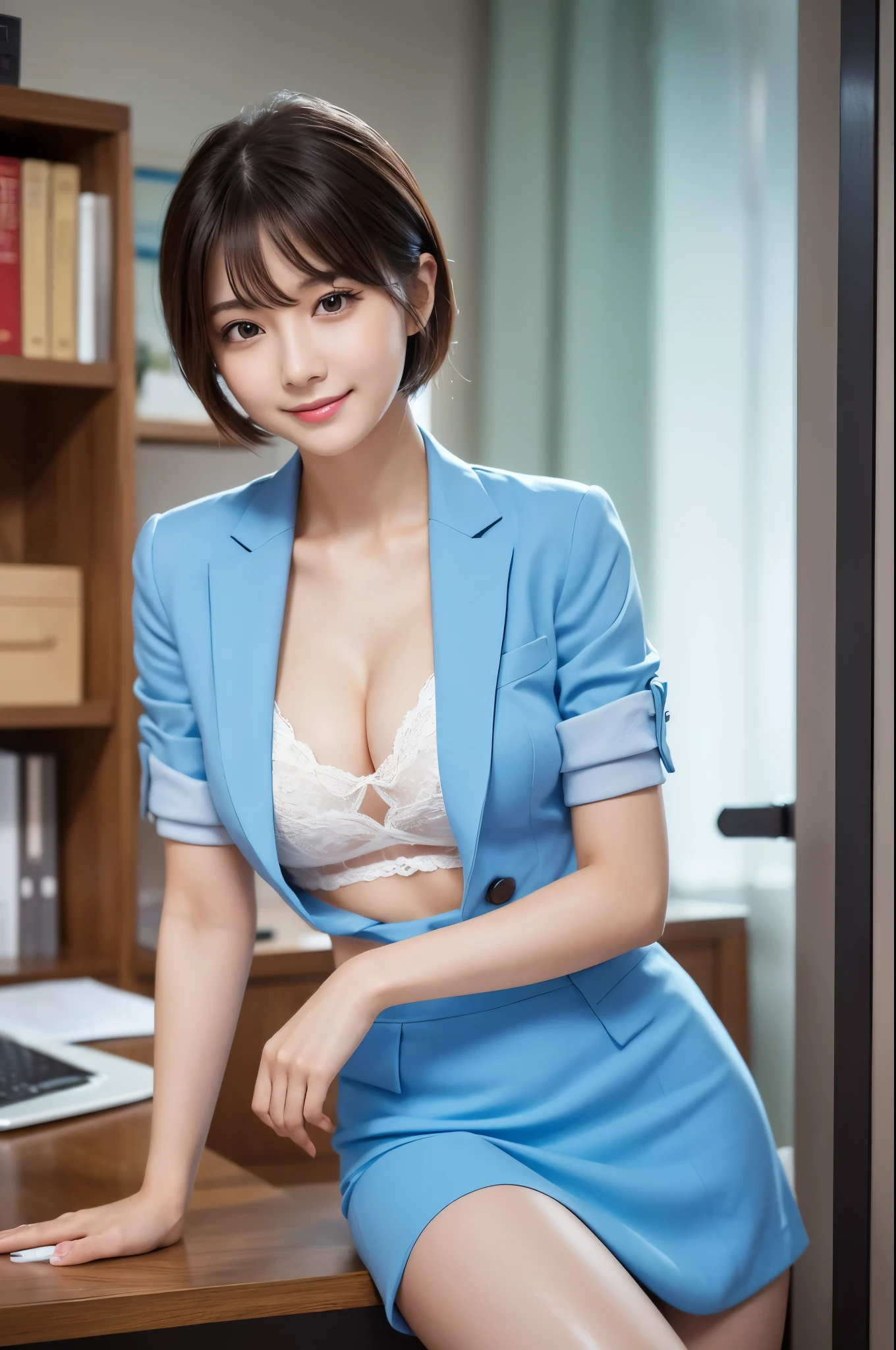 (masterpiece、Low angle shooting:1.3), 8k, Photorealistic, Raw photo, Best image quality、(open suit jacket、naked、上半身naked、Suit mini skirt、Thighs Thighs Thighs Thighs、One hand behind the head: 1.4), Japanese 、(Random Hairstyles、Sit on a chair、Office Room、Casual pose:1.2)、Beautiful woman:1.4、Light brown hair、Beautiful Face、Laughter、Put your shoulders out、(thin、Are thin、thin脚)、Short-haired、Proudly、Cleavage