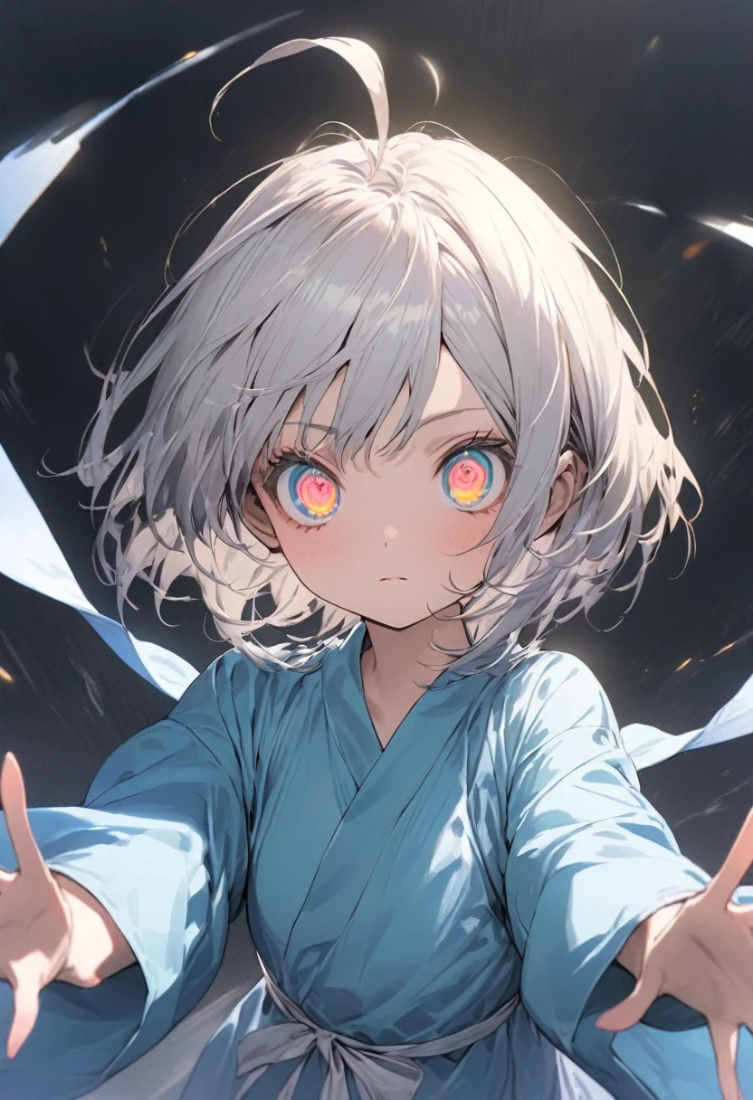 masterpiece, best quality, extremely detailed, high resolution, Japanese anime,1girl, silver hair, short hair, (apricot eyes), (Slightly large and horizontally long, Curved tsurime, (Very strong eyelash expression)), (beautiful detailed eyes:1.2), expressionless, Gaunt, 12 -year-old , 143cm tall, original character, fantasy, (black background:1.2), beautiful fingers, outstretched arms, flying, ( skyblue hospital gown:1.2 ), shoot from front, looking at viewer, medium shot