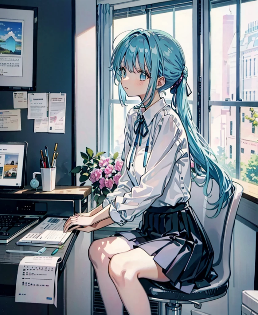 Refreshing morning light, iridescent highlights, A cool woman around 25 years old,  skirt, High knot ponytail、Light blue hair、Wearing a blouse