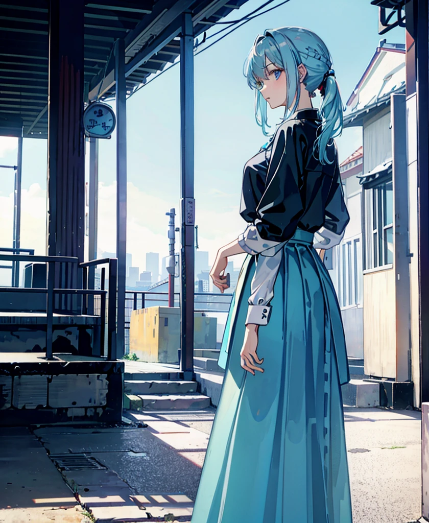 Refreshing morning light, iridescent highlights, A cool woman around 25 years old, skirt, High knot ponytail、Light blue hair、Wearing a blouse