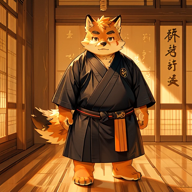 New Jersey 5 Furry，fox，Personal portrait,Exquisite，Chubby，Orange plush fur，Cute face，Black eyebrows，child，Japanese Dojo，Wooden floor，Calligraphy and Painting，Traditional Samurai Clothing，Holding a wooden sword，practice，effort