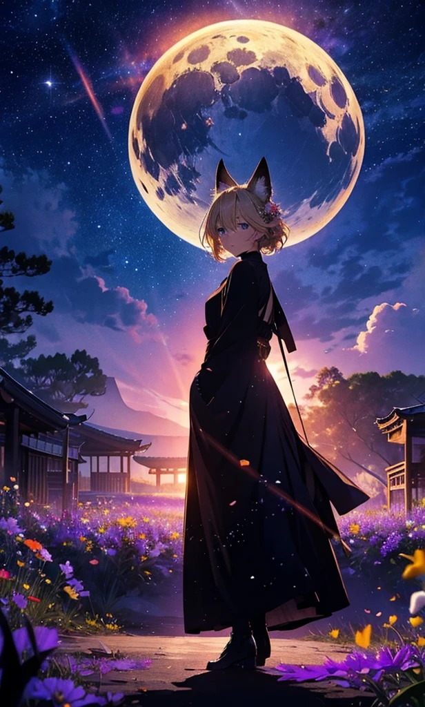 １people,Woman with medium length blonde hair，Fox Ears，Long coat，Takageta， Dress Silhouette， Rear View，Space Sky, Flower Field，Colorful flowers，Dancing Petals，full moon，shrine，