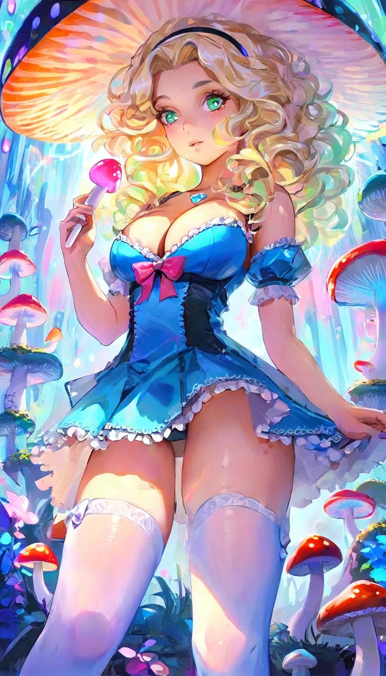 a beautiful 20 year old blonde woman with big messy hair in a blue dress, white stockings, black headband, cleavage, holding a glowing mushroom, fantasy art style, rossdraws cartoon vibrant, alice in wonderland cyberpunk, cute detailed digital art, colorfull digital fantasy art, digital fantasy art ), glossy digital painting, rossdraws pastel vibrant, rossdraws 2. 5, rossdraws 1. 0