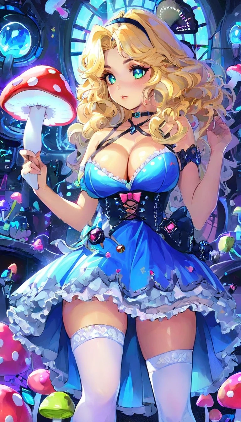 a beautiful 20 year old blonde woman with big messy hair in a blue dress, white stockings, black headband, cleavage, holding a glowing mushroom, fantasy art style, rossdraws cartoon vibrant, alice x. zhang, alice in wonderland cyberpunk, cute detailed digital art, colorfull digital fantasy art, digital fantasy art ), glossy digital painting, rossdraws pastel vibrant, rossdraws 2. 5, rossdraws 1. 0