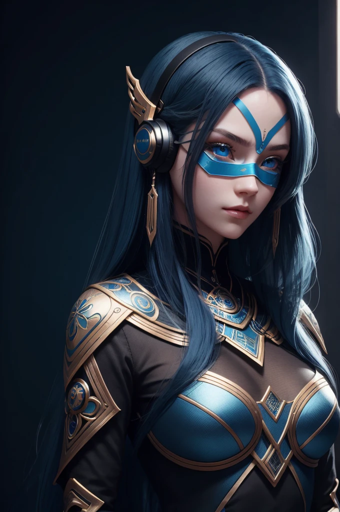 Girl with long blue hair, blue eyes, futuristic vibe, Wear a mask on your mouth, earphone, 8k, high quality, Simple background, Glowing eyes, Beautiful posture