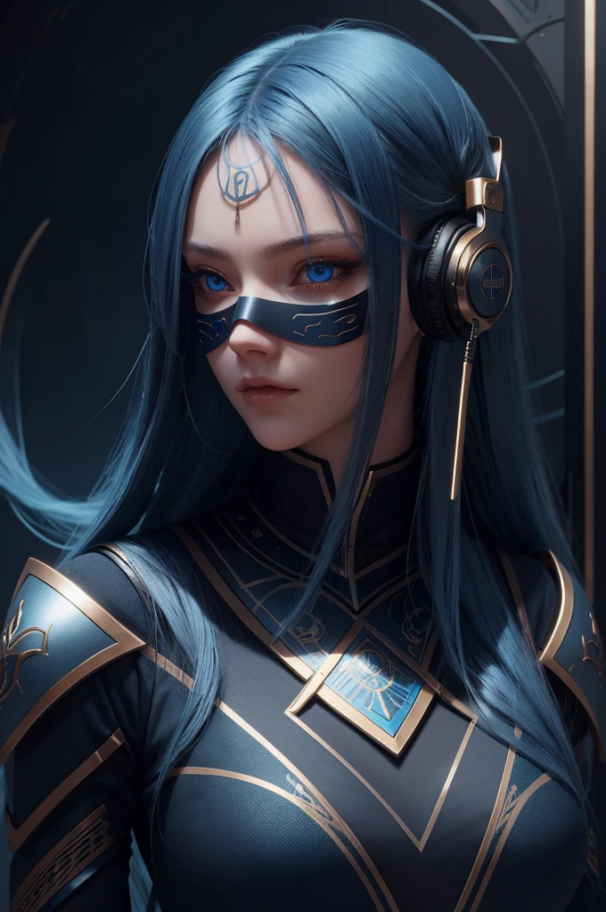 Girl with long blue hair, blue eyes, futuristic vibe, Wear a mask on your mouth, earphone, 8k, high quality, Simple background, Glowing eyes, Beautiful posture