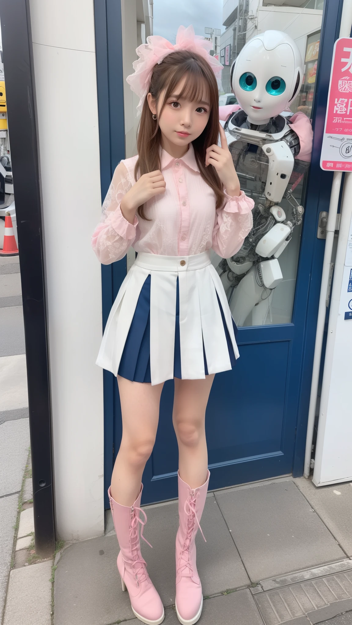 (Photorealsitic:1.4)、one robot girl、(top-quality)、(hyperdetailed face)、(Super well-formed face)、(Robot Parts)、(Female-Robot)、(17 years-old)、(Blue)、(pink there)、(Burgundy)、(metallic)、(full-body)、(sexy pose)、(Slender body)、(Model body type)、(full body mech)、(Street of Akihabara)、(is looking at the camera)、(A brown-haired)、(Well-proportioned body)、(a small face)、(a small head)、(well-groomed fingers)、(Idol)、(front facing)、(Standing with legs open)、(Photo session)、(Looks sad)、(perfect-female-robot)、(perfect-mechanical-body), Costume like a idol, blue and white half sleeve Jacket, pink satin ruffled blouse, White and pink stripe pleated skirt, white lace up boots