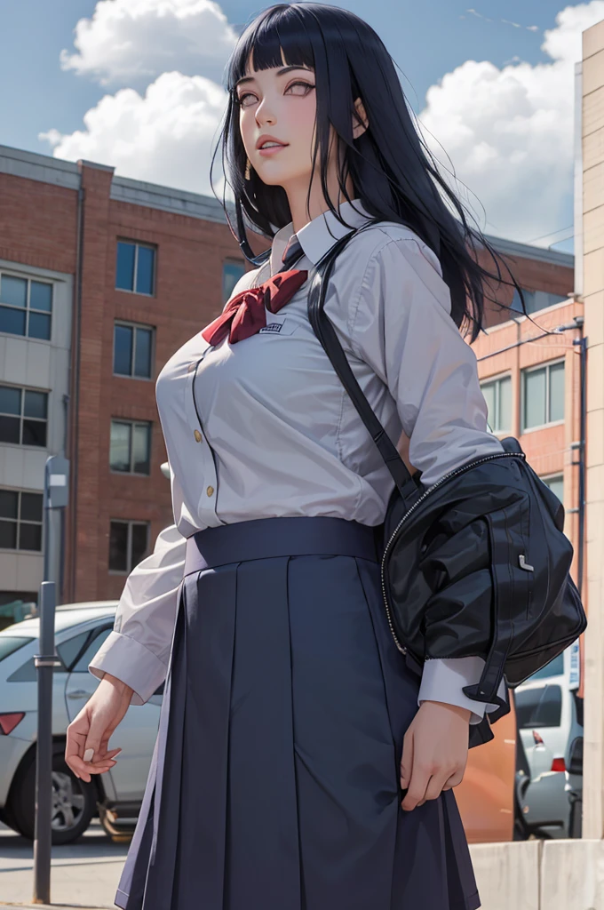 masterpiece, hinata\(boruto\), 1girl, solo, young female, ((((high school uniform)))), (high School), outdoors, looking at viewer, cloudy sky, perfect composition, detailed lips, school building, big breast, beautiful face, body propotion, blush, (pink lips), ((long hair)),  purple eyes,  soft gaze, sad smile,  super realistic, detailed, photoshoot, realistic face and body,  realistic hair, realistic eyes, realistic nose, realistic lips, (((dark blue hair))), 19 years old girl,  flowing skirt