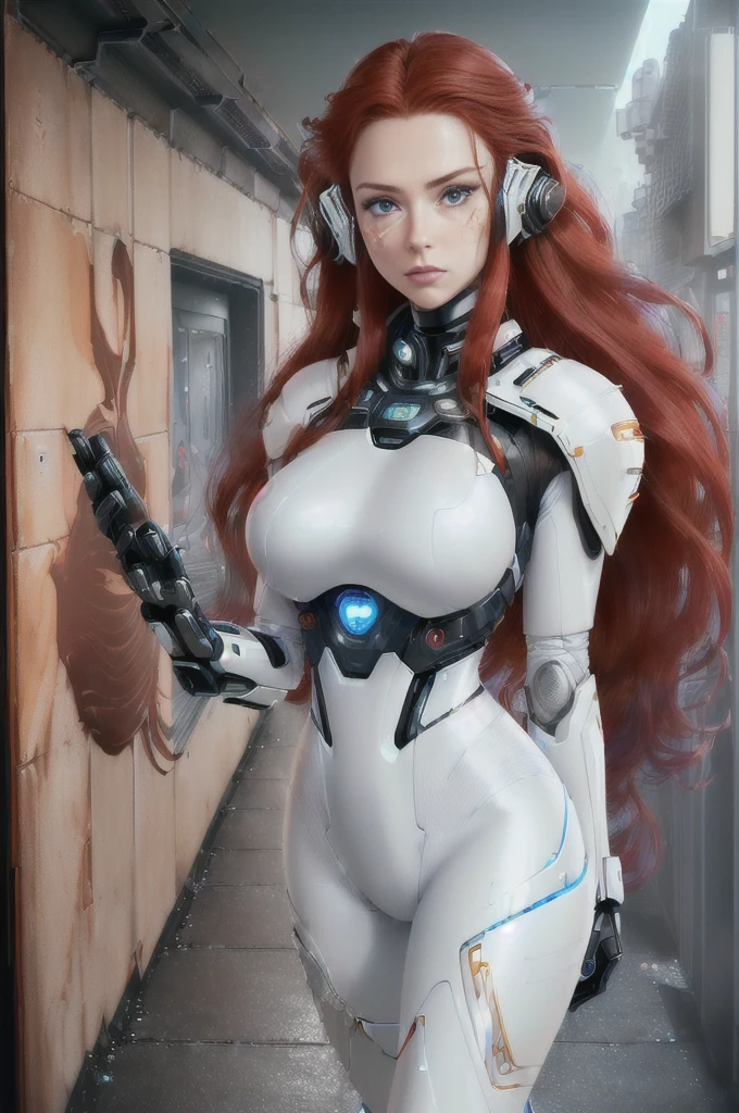A woman, (Long dark red hair, Big Wave: 1.5), (Oval face: 1.3), (Royal sisters: 1.3), 8k, Best image quality, masterpiece, (Ultra-high resolution: 1.2), (White exquisite armor: 1.4), (Real hand details: 1.2), (HD: 1.2), (blue eyes: 1.5), (Beautiful Chinese-European mixed race beauty: 1.2), (Serious: 1.2), (young: 1.5), (Close-up of face details: 1.5), (Realistic skin texture: 1.6), (3D: 1.2), (Modern style corridor: 1.9), (Science fiction: 1.4), (Physical Rendering: 1.5), (Little mouth: 1.2), (Soft facial contours: 1.2), (Technologically sensitive cities of the future: 1.9), (Modern corridors: 1.6), (Perfect body, Thin waist, Large Breasts, Long legs: 1.3)