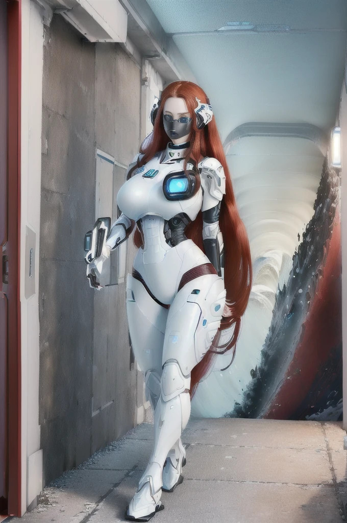 A woman, (Long dark red hair, Big Wave: 1.5), (Oval face: 1.3), (Royal sisters: 1.3), 8k, Best image quality, masterpiece, (Ultra-high resolution: 1.2), (White exquisite armor: 1.4), (Real hand details: 1.2), (HD: 1.2), (blue eyes: 1.5), (Beautiful Chinese-European mixed race beauty: 1.2), (Serious: 1.2), (young: 1.5), (Close-up of face details: 1.5), (Realistic skin texture: 1.6), (3D: 1.2), (Modern style corridor: 1.9), (Science fiction: 1.4), (Physical Rendering: 1.5), (Little mouth: 1.2), (Soft facial contours: 1.2), (Technologically sensitive cities of the future: 1.9), (Modern corridors: 1.6), (Perfect body, Thin waist, Large Breasts, Long legs: 1.3)