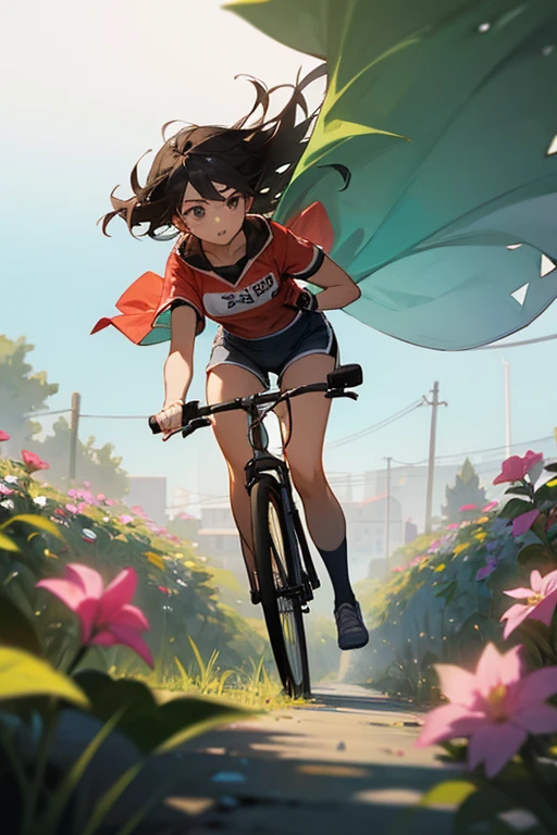 a girl rides a bicycle, in running shorts, short shorts, Abandoned flower garden
