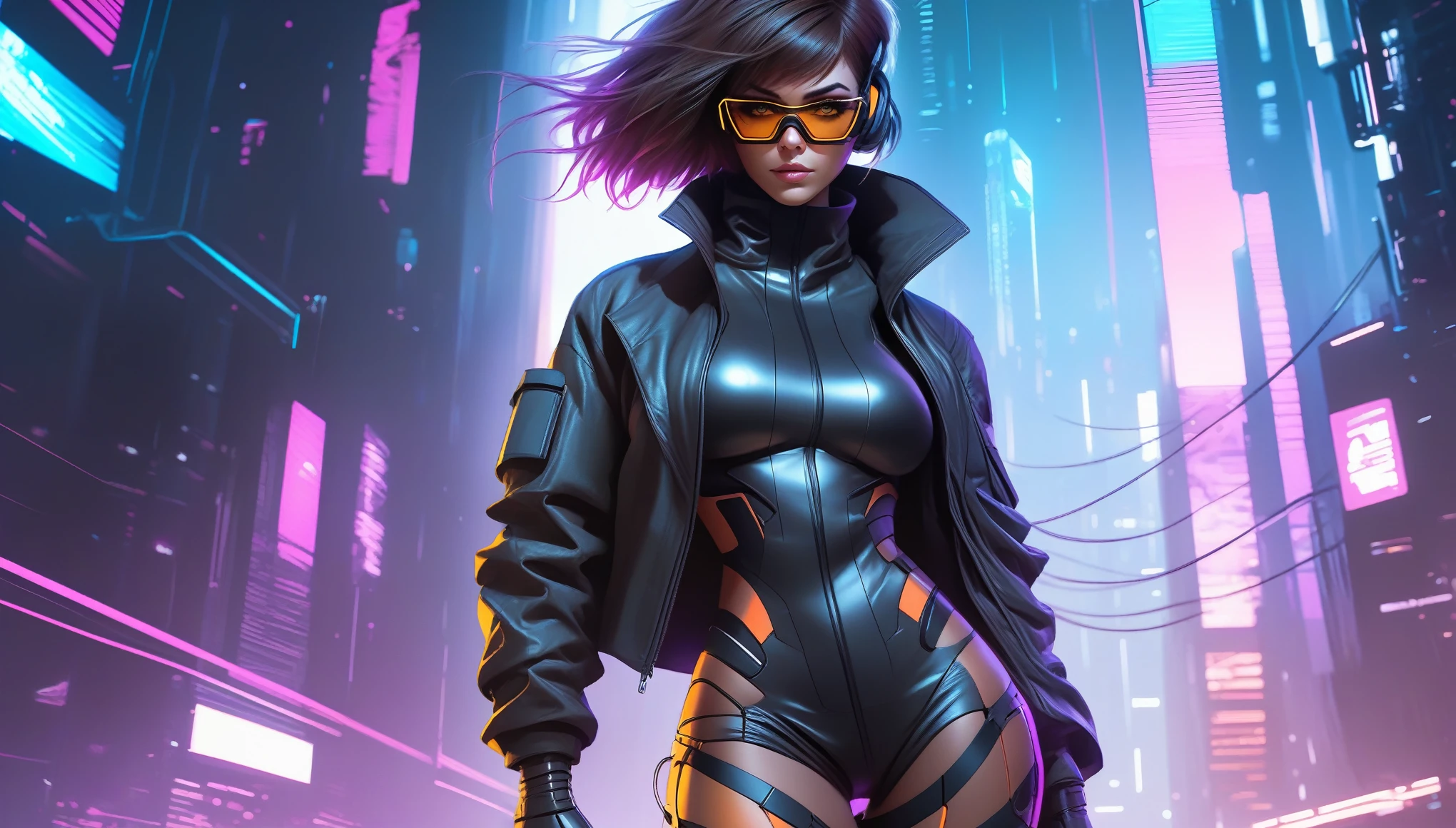 Techwear fashion in the style of artgerm, Cyberpunk Style, 1woman, Velma, cyberpunk clothing, female focus, cyberpunk background, robot, science fiction, solo, full body, wires and cables, . Futuristic, cyberpunk, urban, tactical, sleek, dark, highly detailed  