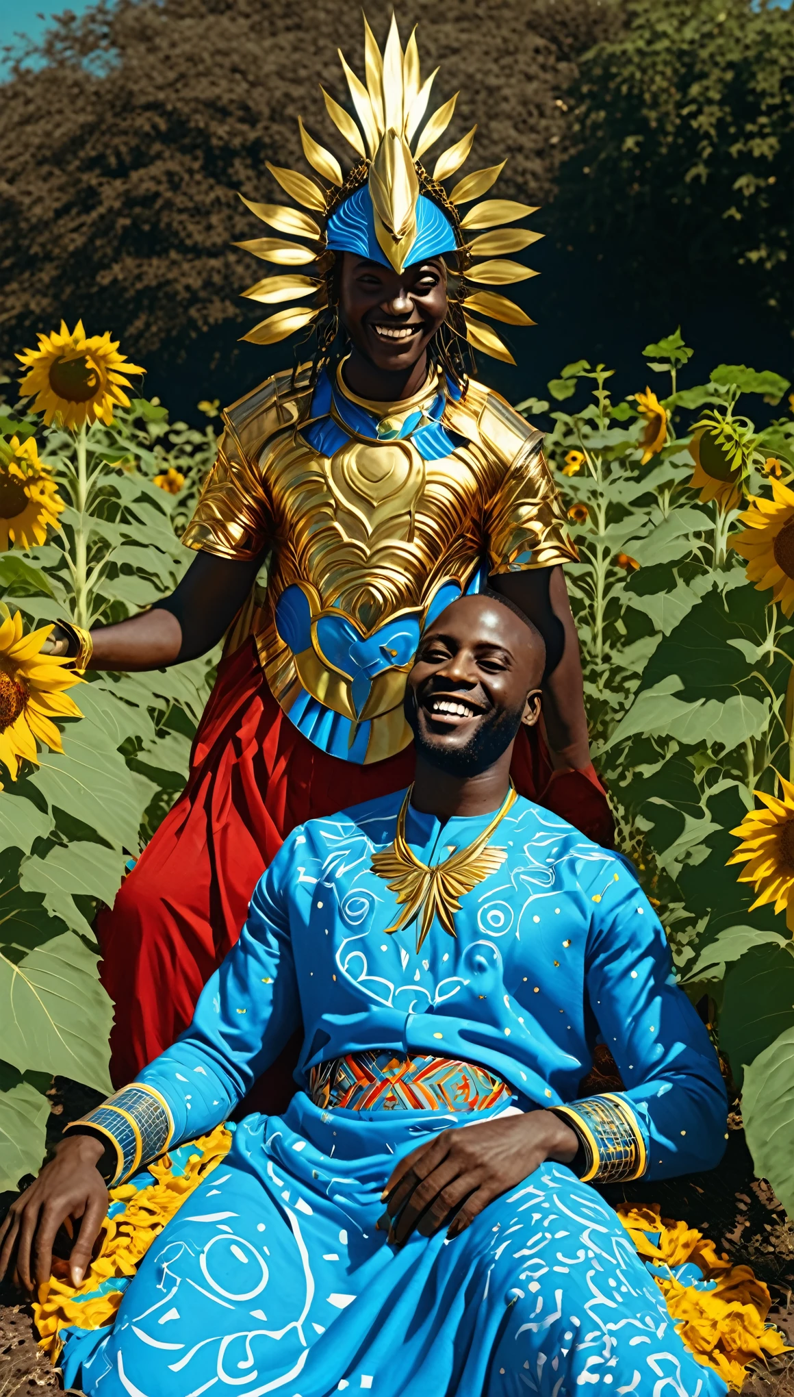 A black man lying in a sunflower garden with African Gods smiling and looking at him with a spiritual aura around them. The clothes are blue and red, an African god with completely white clothes, an African goddess with golden clothes, an African god with a bow and arrow. Afrofuturism, afrofuturism fashion atmospheric perspective, 8k, super detail, accurate, best quality