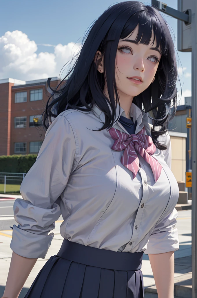 masterpiece, hinata\(boruto\), 1girl, solo, young female, ((((high school uniform)))), (high School), outdoors, looking at viewer, cloudy sky, perfect composition, detailed lips, school building, big breast, beautiful face, body propotion, blush, (pink lips), ((long hair)), purple eyes, soft gaze, sad smile, super realistic, detailed, photoshoot, realistic face and body, realistic hair, realistic eyes, realistic nose, realistic lips, (((dark blue hair))), 19 years old girl, flowing skirt