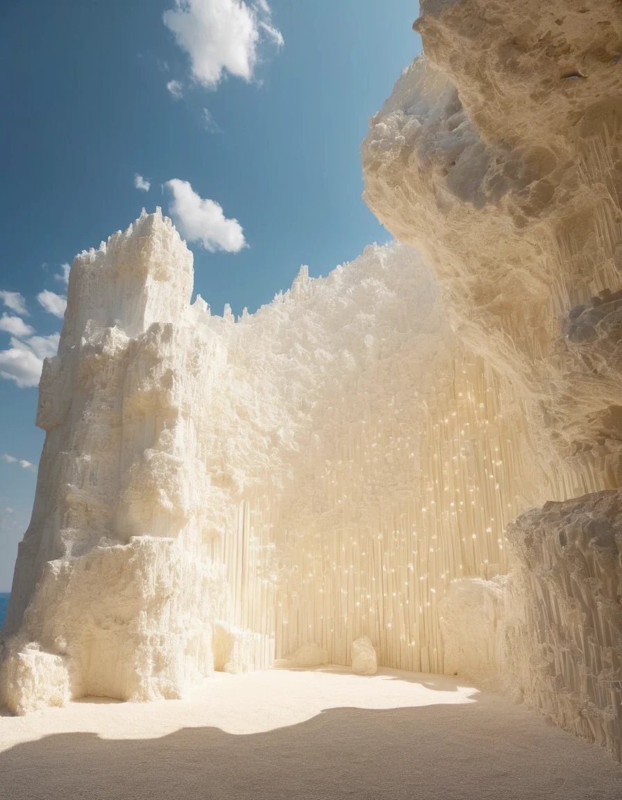 Divine Light，surrealism art style of (the only white dream castle on the cliffs),(minimalist composition), clouds,(Cinema4D rendering style),(high resolution photography),,by Peter Zumthor,by Zaha Hadid,by Antoni Gaudi,by Frank Gehry,Dreamy Atmosphere,high detail,hyper quality,high resolution,trending on artstation,surrealism,16K,Virgo, ♍︎,Cancer, ♋︎,Pisces, ♓︎,Egyptian Faience,Installation Art,Lath Art,Land Art,Light Painting,telephoto lens,Bottom view,beautiful lighting,