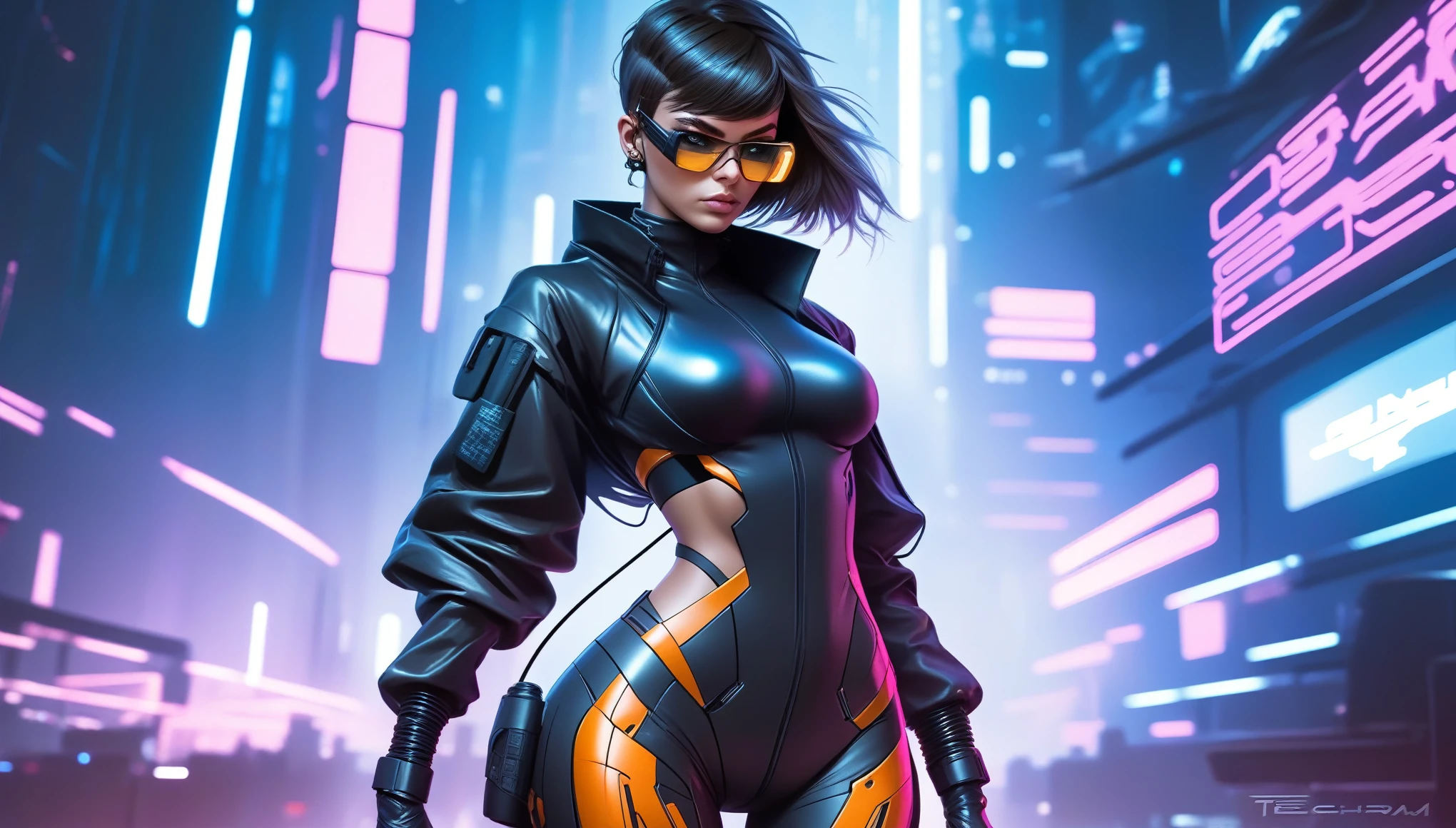 Techwear fashion in the style of artgerm, Cyberpunk Style, 1woman, Velma, cyberpunk clothing, female focus, cyberpunk background, robot, science fiction, solo, full body, wires and cables, . Futuristic, cyberpunk, urban, tactical, sleek, dark, highly detailed  