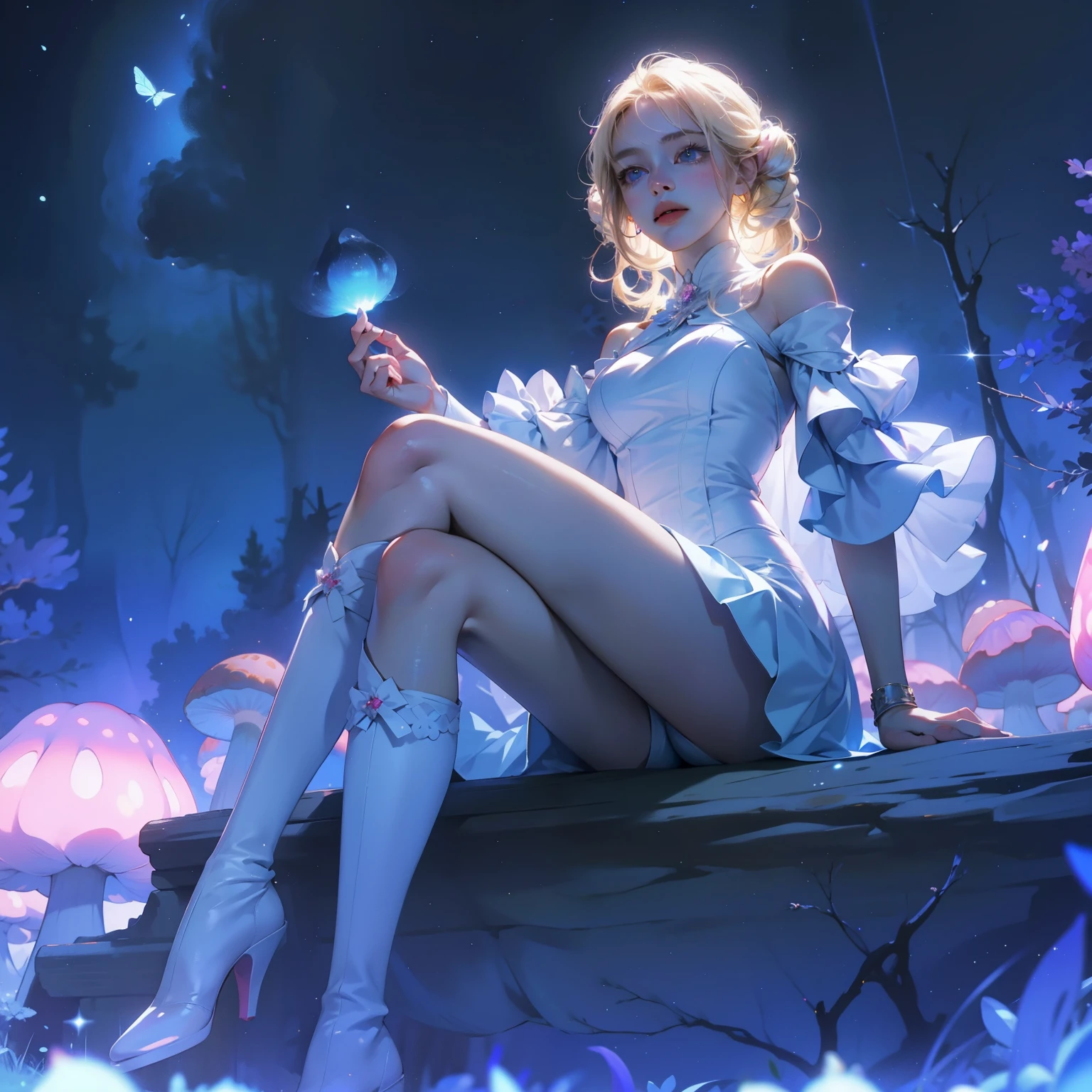 Anime girl with light blonde hair,With light blue eyes,Wearing a pink off-the-shoulder puff-sleeved dress and knee-high white boots,Sitting in the woods,Next to it is an orange mushroom,Surrounded by fireflies under the starry sky