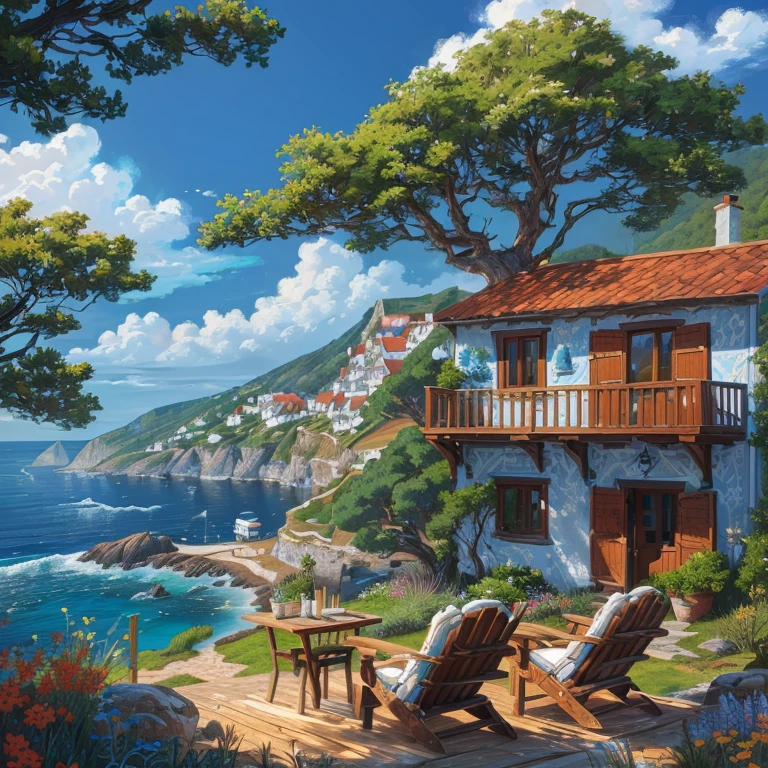 a painting of a house on the shore with a table and chairs, idyllic cottage, detailed scenery, scenery art detailed, detailed scenic view, beautiful detailed scene, overlooking the ocean, scenery artwork, mediterranean vista, detailed painting 4 k, high detailed painting, breathtaking detailed, near the sea, detailed 4 k painting, detailed scenery —width 672, highly detailed painting
