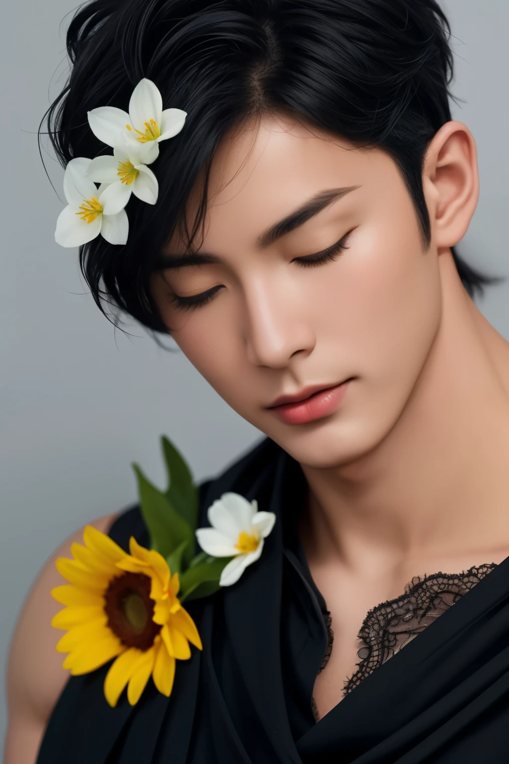 best quality,masterpiece,Ultra high detail,A handsome muscular man,Short black hair,topless,(Flowers on the shoulder), With flowers in his black micro thong, flowers covered around his head, eyes are closed, covered, eyes are blindfolded with black cloth, realistic,Grey background,Yellow and white flowers,