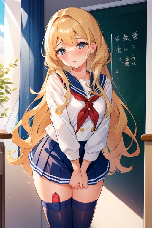 Girl in a sailor suit Pleated skirt mini skirt Beautiful long blonde hair classroom Tears are overflowing from my eyes Embarrassing vibrator in thighhighs thighvibe Stand leaning forward Hold your crotch with both hands Masturbation