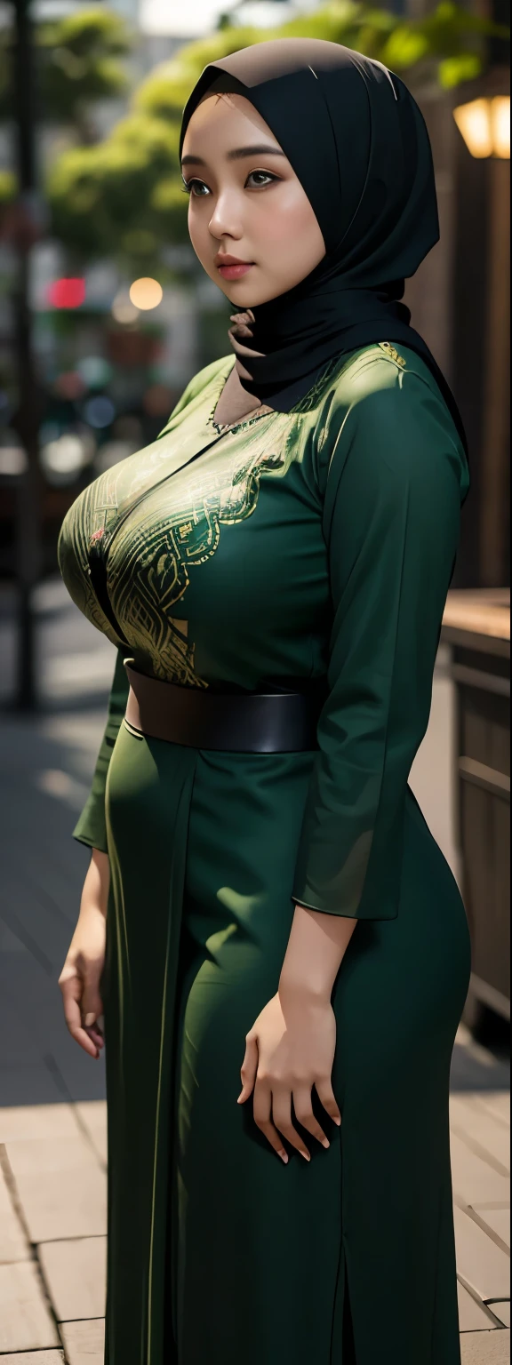 1 malay girl, modern plain hijab, shy, medium portrait, watery eyes, wearing dark green kebaya, ((big breasts)), black bokeh background, well-proportioned body,, chubby massive thighs, full body pose, Hena art on the body, hena art on , slightly fat body