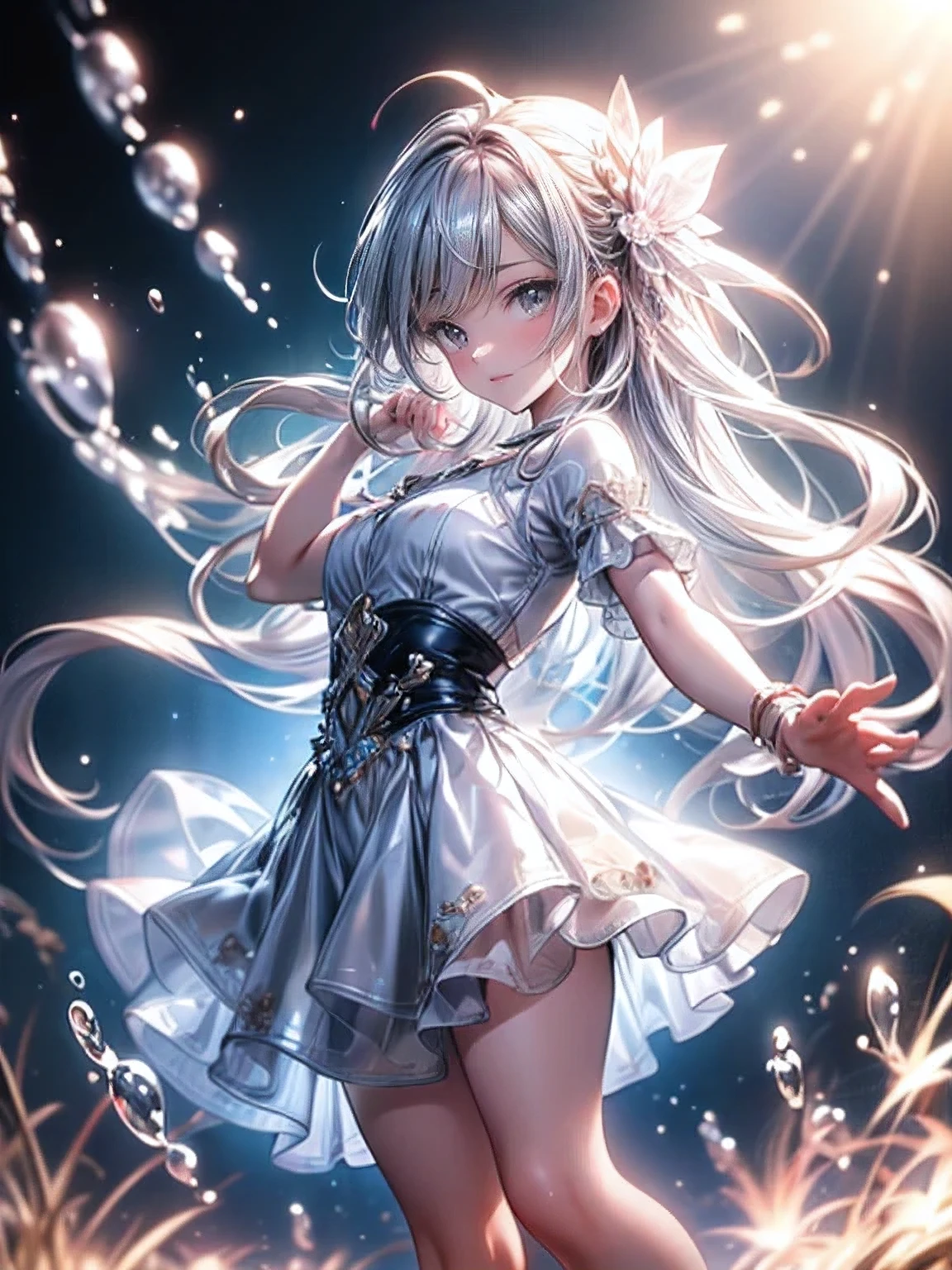 masterpiece:1.2, highest quality, 16k, highres, ultra-realistic:1.37, beautiful detailed:1.2, cute girl, standing, beautiful posing, in many soap bubbles:1.3, Covered with soap bubbles:1.2, around many soap bubbles:1.3, Countless soap bubbles of various sizes (overhead:1.2, left and right:1.2, underfoot:1.2, behind:1.2, in front:1.2, heart and circle shape, vibrant colors), happily smile, beautiful delicate(hair, face, long eyelash, eyes, pupils, lips, knee, anklet, ), sparkling eyes, shining rosy lips, blushed cheek
