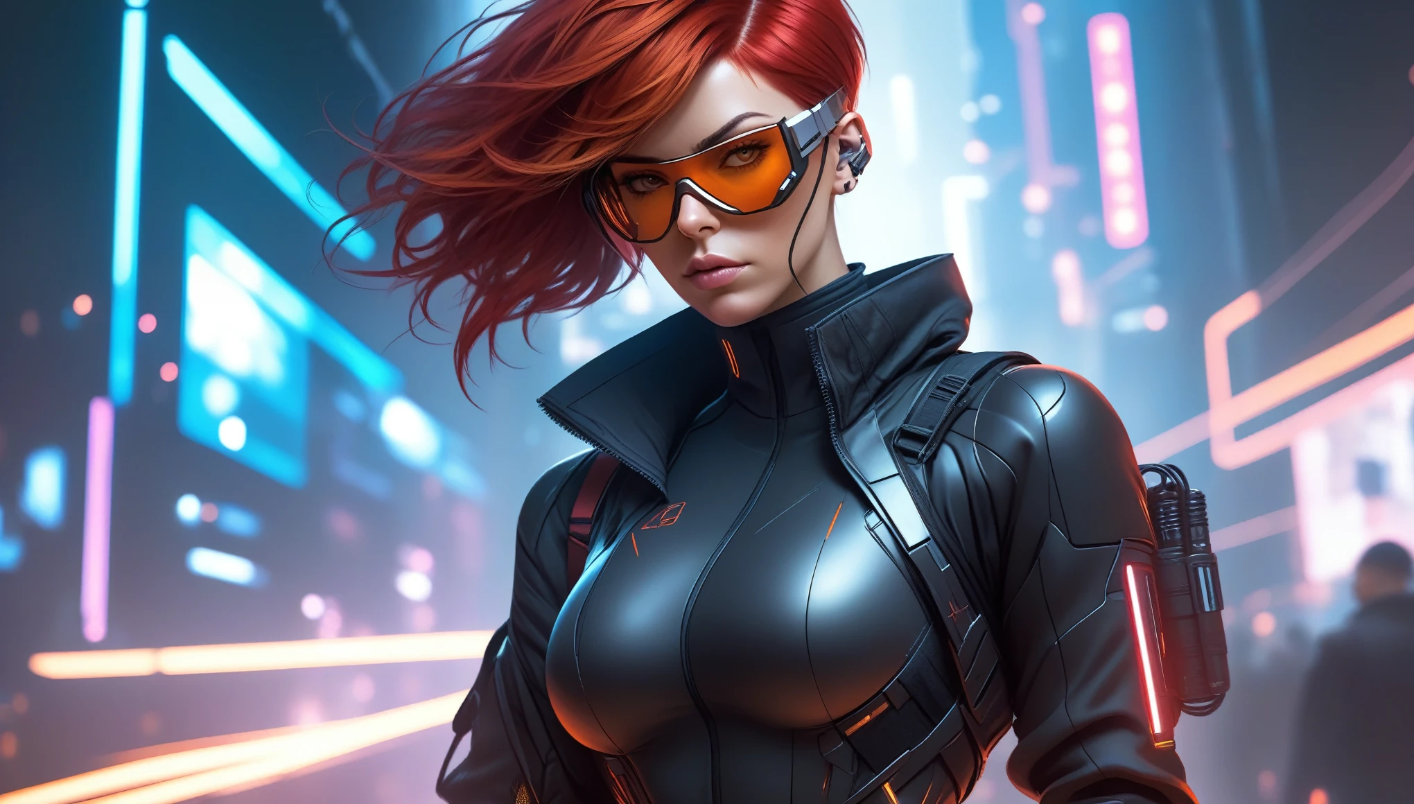 Techwear fashion in the style of artgerm, Cyberpunk Style, 1woman, Velma,red hair, cyberpunk clothing, female focus, cyberpunk background, robot, science fiction, solo, full body, wires and cables, . Futuristic, cyberpunk, urban, tactical, sleek, dark, highly detailed