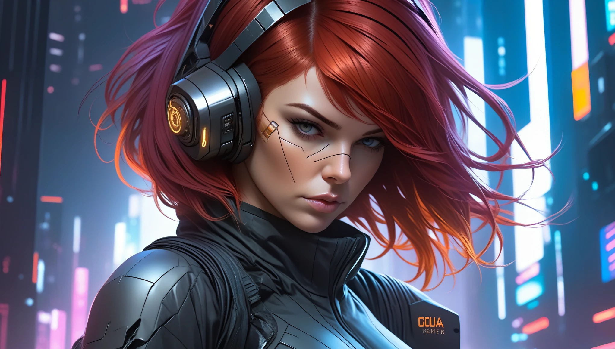 Techwear fashion in the style of artgerm, Cyberpunk Style, 1woman, Velma,red hair, cyberpunk clothing, female focus, cyberpunk background, robot, science fiction, solo, full body, wires and cables, . Futuristic, cyberpunk, urban, tactical, sleek, dark, highly detailed