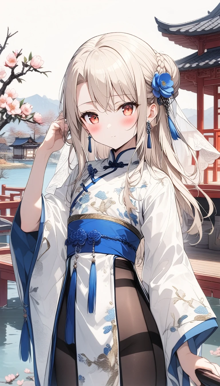 1girl,(illyasviel von einzbern),bangs,red_eyes,cream hair,(french braid),seductive smile,blush,blue_flower,beautiful detailed_background,small breasts,butterfly,(blue and white porcelain gorgeous hanfu, song style outfits),gold trim,short shan, pleated skirt, red songmo,overlapping collar,jewelry,earrings,mask,chain,face chain,((veil)),explicit,flower,general, hair_ornament,hanfu,hand on hair,((peach blossom)),jewelry,long_hair,looking_at_viewer,questionable,sensitive,solo,tassel,tassel_earrings,upper_body,(spring),Chinese style architecture, Chinese style, lake, ancient town, beautiful and meticulous water, (Fishing boat), pavilion,steam,Surrounding by falling peach blossoms petals, han style,