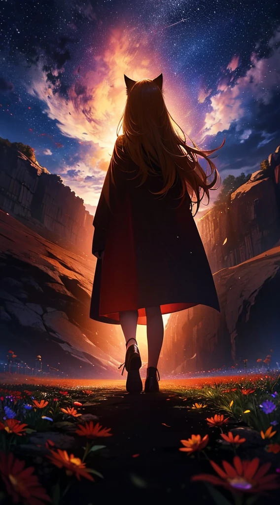 1people々々々々,Blonde long-haired woman,Cat Ears,Red long coat, Dress Silhouette, Rear View,Space Sky, Flower Field,Colorful flowers
