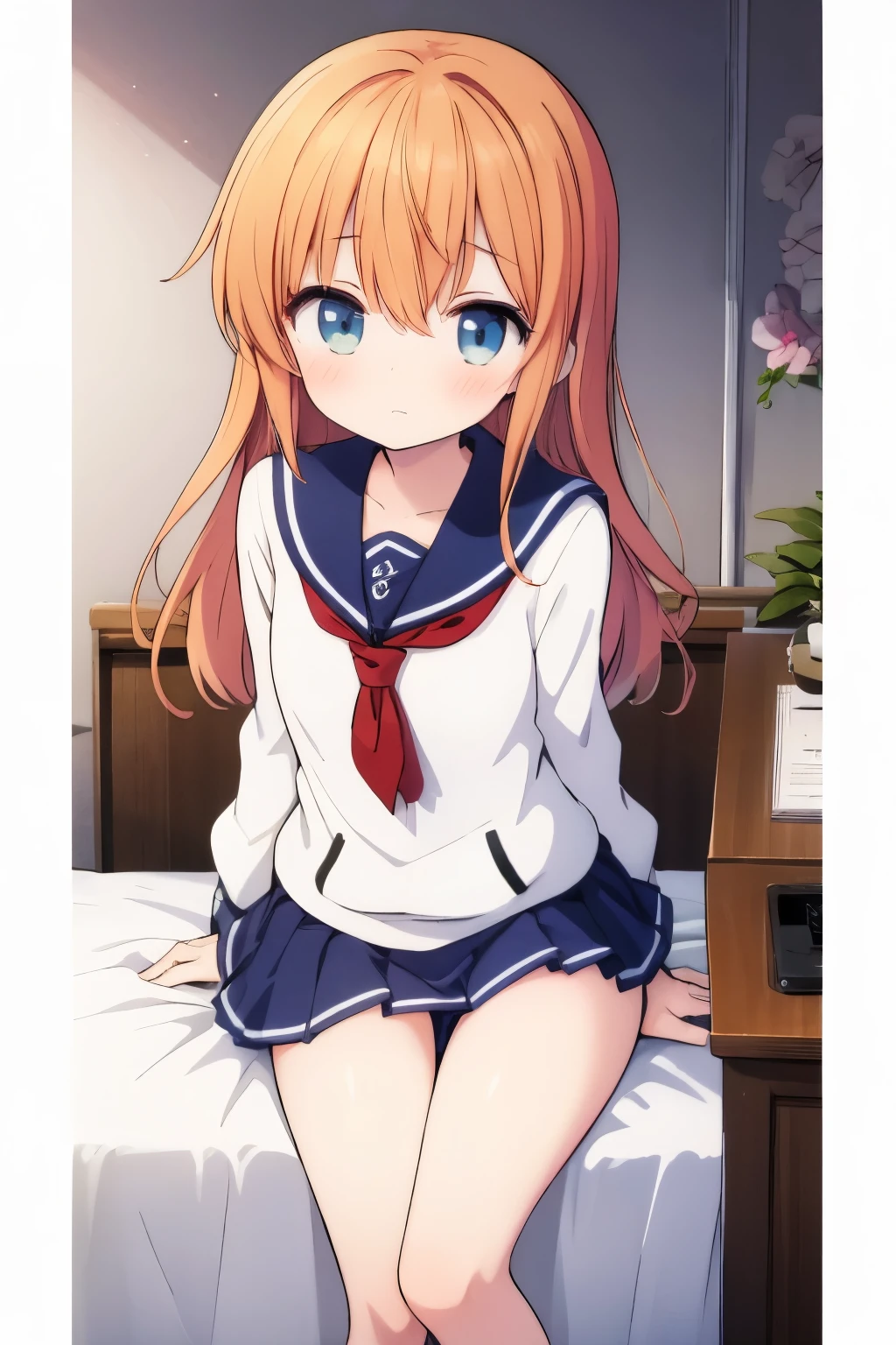 An unwell high school girl wearing a miniskirt sailor suit in the health room