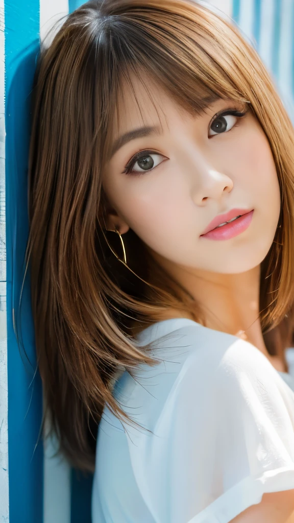 Best quality, 8k,  ,Masterpiece :1.3)), facing viewer,((full body1.2)) ,pretty woman, wide shot ,1girl, , selfie   , ,  Graffiti Wall, brown hair  , bangs,ultra-detailed face, highly detailed lips, detailed eyes, double eyelid
