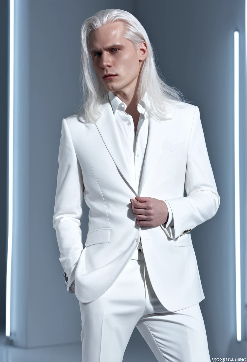 masterpiece, highest quality, Approaching perfection, (Perfect Face:1.1), (Attention to detail:1.1), dramatic, (1 person), Pale skin, (Long, pure white hair:1.4), White eyes, Otto Seppalainen, alone, Long Hair, White luxury suit, Covered navel, snob, albino, Luminous Studio graphics engine, Pouting, Demonic Sorcerer, Volumetric lighting, Fine grain, (8k wallpaper masterpiece), Super detailed, Exquisitely crafted, Absolutely pixel perfect, rose, fashion, ~ side, View your viewers, Balenciaga Style