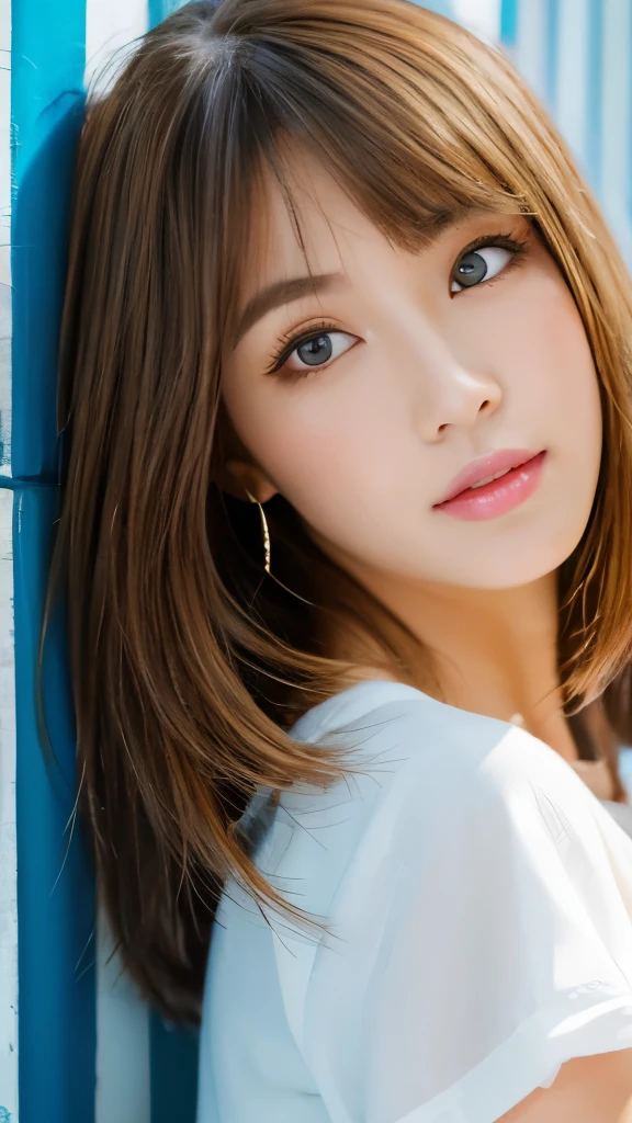 Best quality, 8k,  ,Masterpiece :1.3)), facing viewer,((full body1.2)) ,pretty woman, wide shot ,1girl, , selfie   , ,  Graffiti Wall, brown hair  , bangs,ultra-detailed face, highly detailed lips, detailed eyes, double eyelid