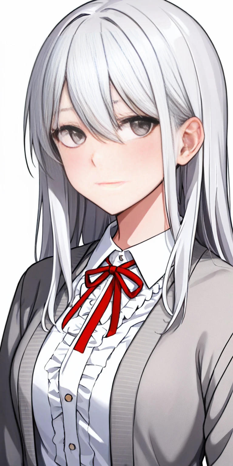 ((casual-style)), 1girl, solo, white hair, shirt, red ribbon, ribbon, looking at viewer, long hair, upper body, white eyes, white shirt, grey eyes, hair between eyes, neck ribbon, collared shirt, cardigan, closed mouth, expressionless, jacket, simple background, frills, bangs, white background, long sleeves