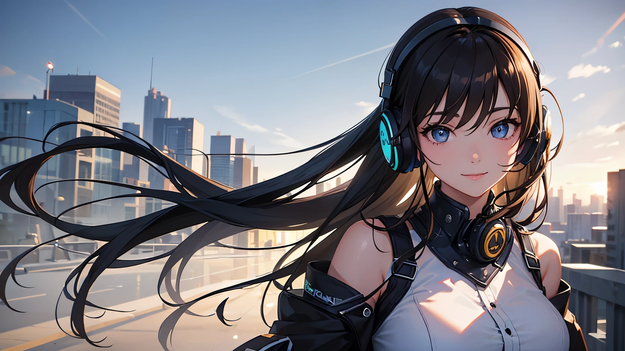 (masterpiece, highest quality, Very detailed, Best Shadow), (Beautifully detailed face), High Contrast,1girl,only,young woman,Dark brown hair,Straight Long Hair,Blue, clear eyes, Large and emphasized breasts,business suit, Confident emotion mood, smile, 3D, Realistic, High resolutionR, High resolution, background, RTTX 10.0, 2k,Wear headphones