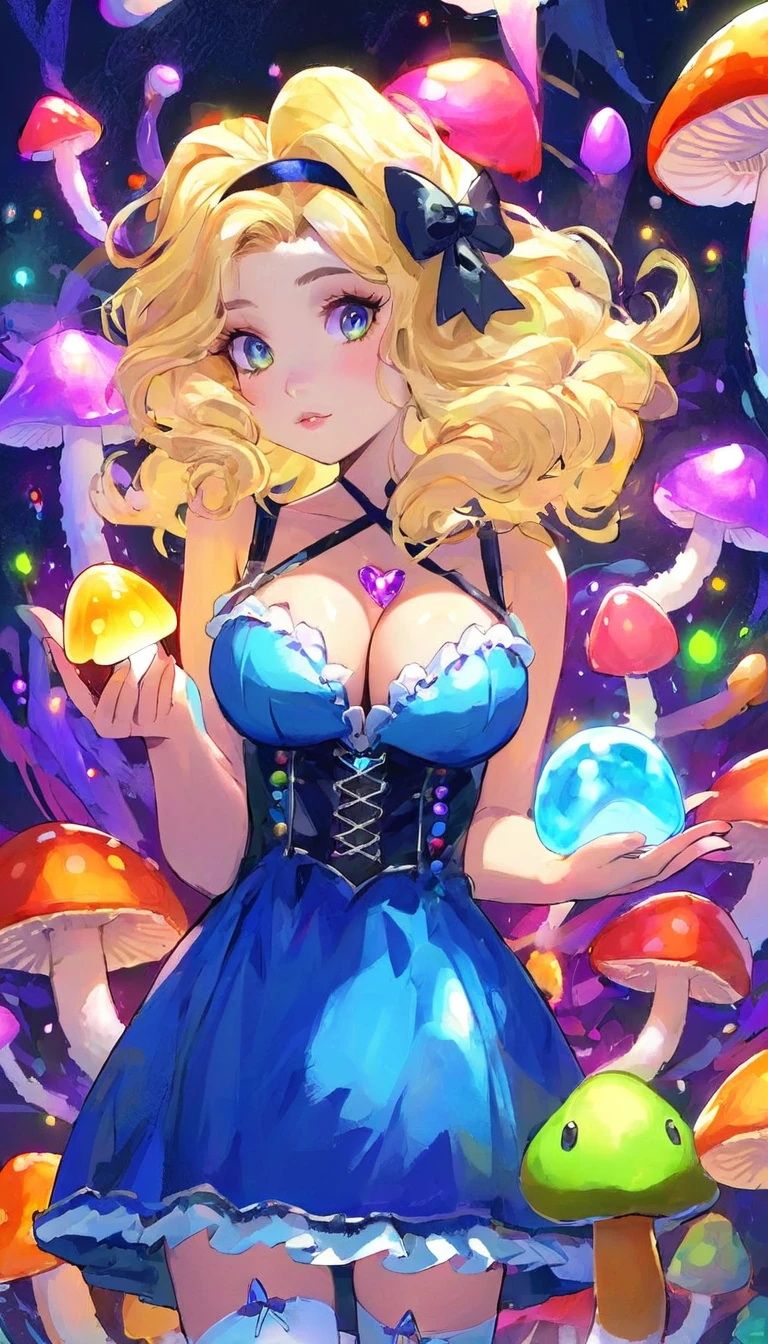 a beautiful 20 year old blonde woman with big messy hair in a blue dress, white stockings, black headband, cleavage, holding a glowing mushroom, fantasy art style, rossdraws cartoon vibrant, alice in wonderland cyberpunk, cute detailed digital art, colorfull digital fantasy art, digital fantasy art ), glossy digital painting, rossdraws pastel vibrant, rossdraws 2. 5, rossdraws 1. 0