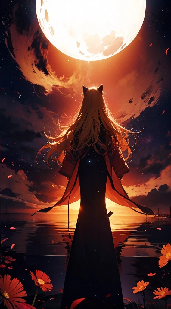 1people々々々々,Blonde long-haired woman,Cat Ears,Red long coat, Dress Silhouette, Rear View,Space Sky, Flower Field,Colorful flowers