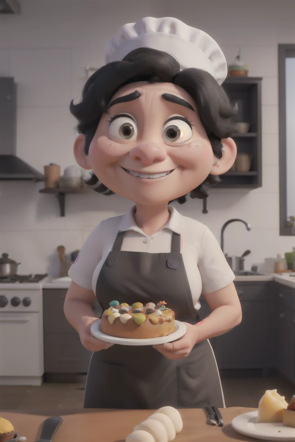 Make a 3D pixar-style drawing of a cook with white skin, fat, black eyes, tied up hair, wearing a chef's cap and wearing a domã. She is 58 years old, has black hair and is smiling. She holds a birthday cake in her hands. In the background of the image, a kitchen