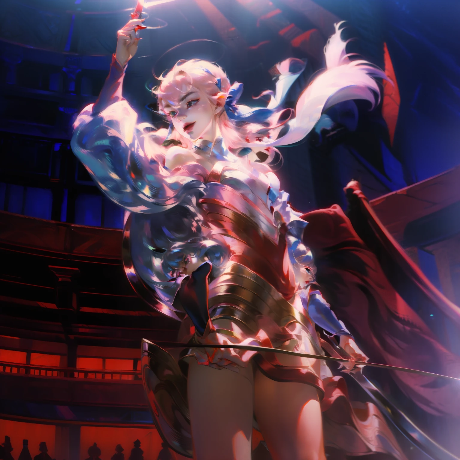 (masterpiece, best quality:1.2), Cowboy shooting, Solitary, 1 Girl, Ayanokouji Rem, Smile, Looking at the audience, Long sleeve, Capulet, Red Skirt, High Leg Raise