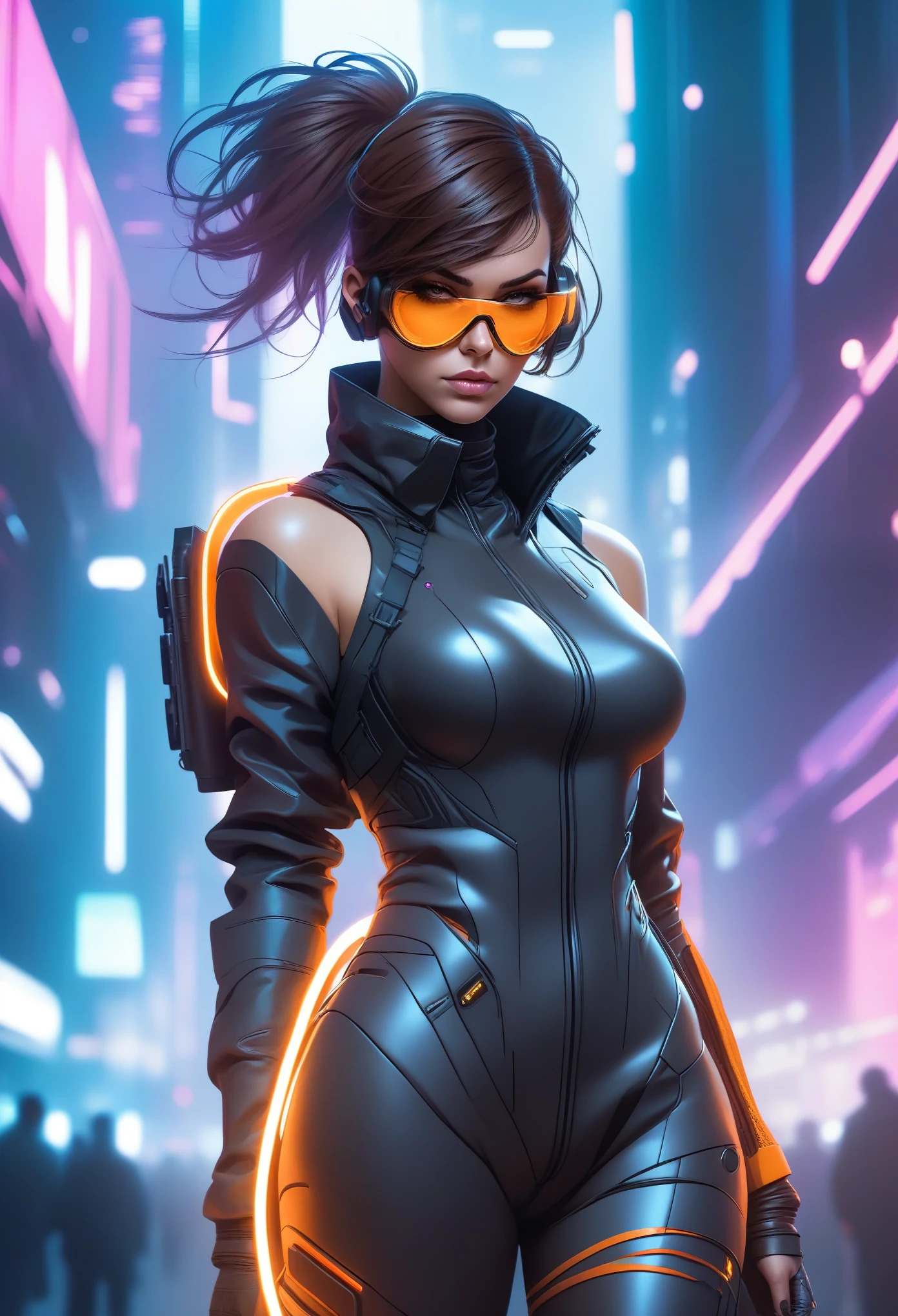 Techwear fashion in the style of artgerm, Cyberpunk Style, 1woman, Velma, cyberpunk clothing, female focus, cyberpunk background, robot, science fiction, solo, full body, wires and cables, . Futuristic, cyberpunk, urban, tactical, sleek, dark, highly detailed  