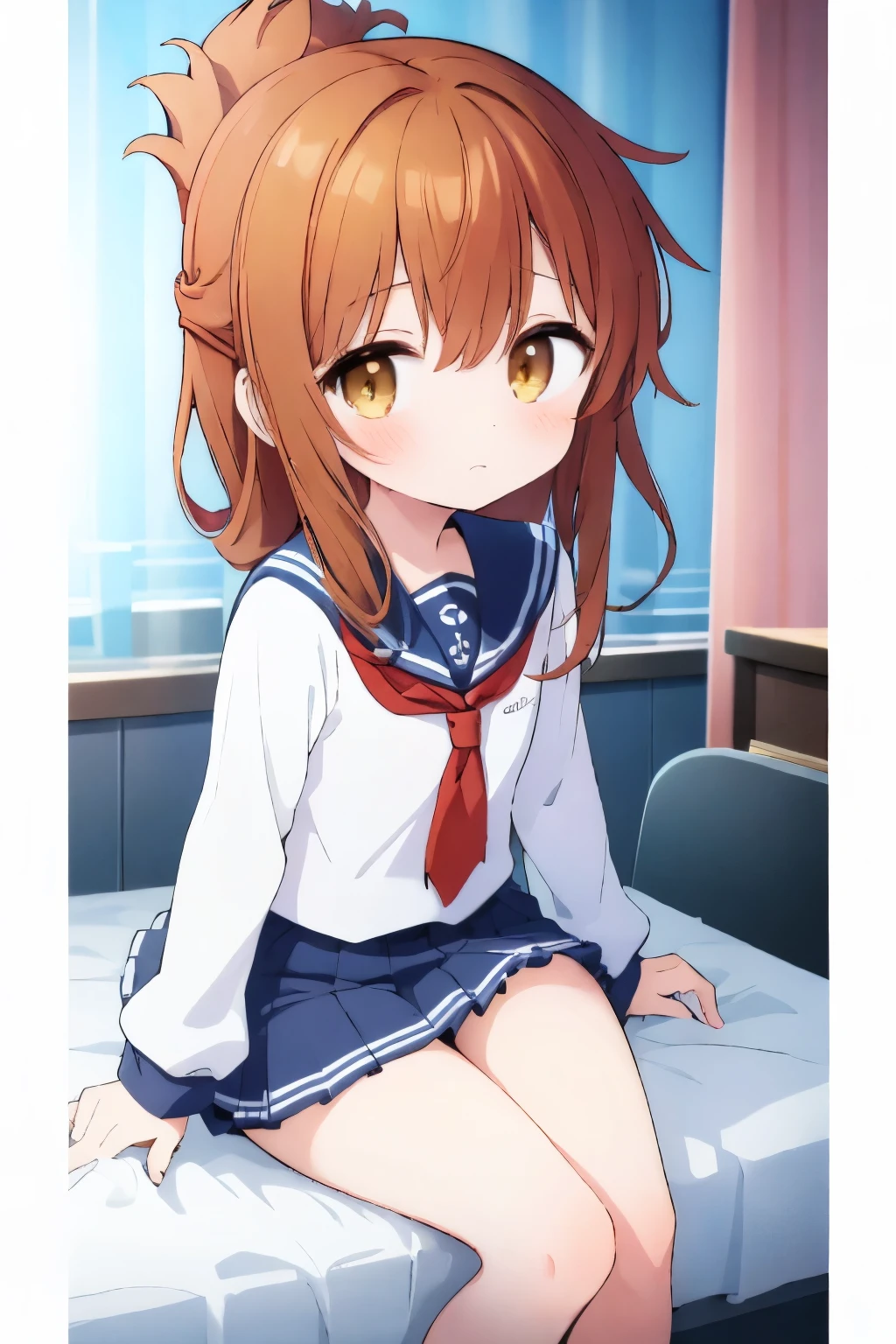 An unwell high school girl wearing a miniskirt sailor suit in the health room(masterpiece, best quality:1.2),illustration,8k,hd,1girl,solo,upper body,(portrait:1.2),brown_hair,folded_ponytail,brown_eyes,serafuku,long_hair,school_uniform,skirt,pleated_skirt,