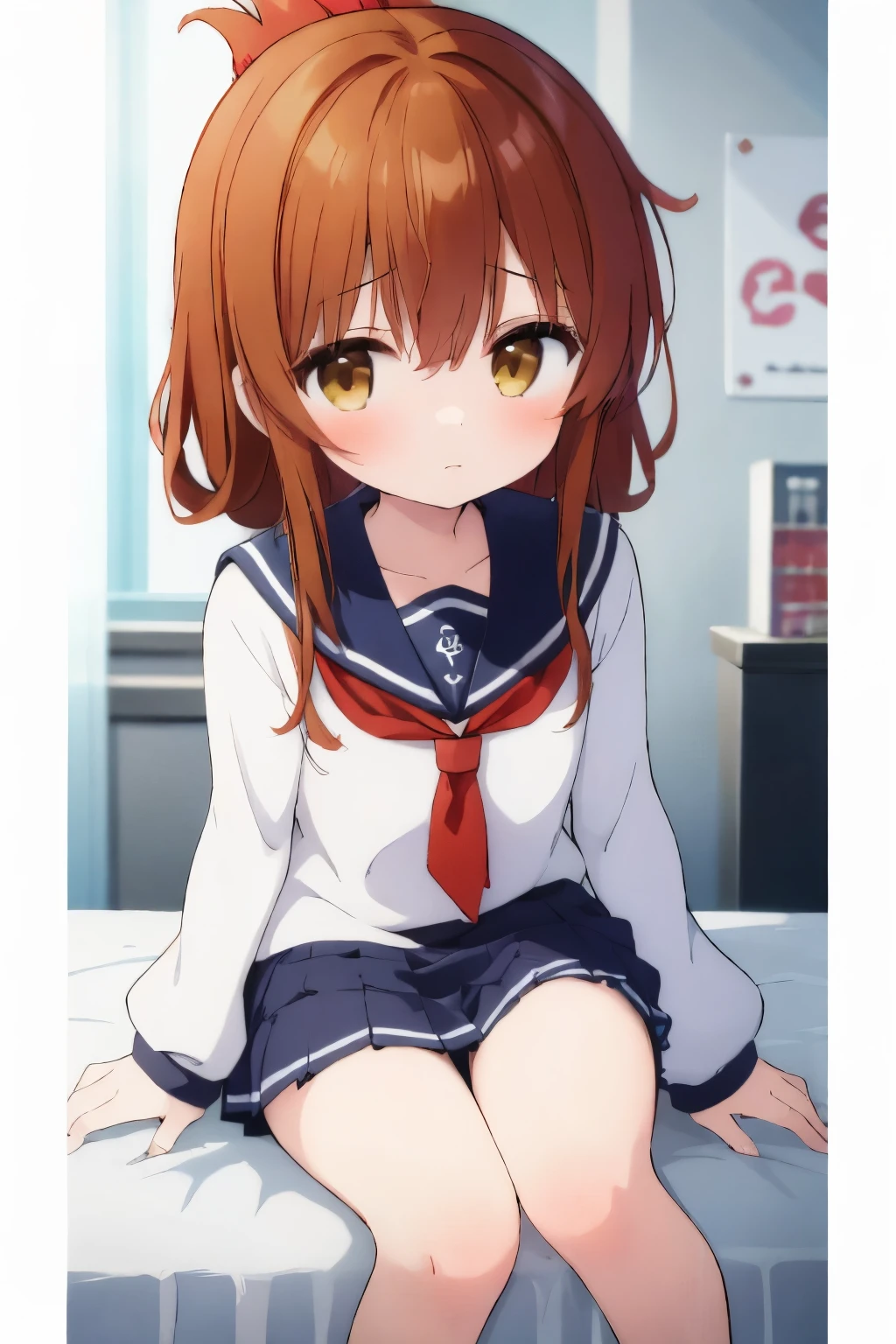 An unwell high school girl wearing a miniskirt sailor suit in the health room(masterpiece, best quality:1.2),illustration,8k,hd,1girl,solo,upper body,(portrait:1.2),brown_hair,folded_ponytail,brown_eyes,serafuku,long_hair,school_uniform,skirt,pleated_skirt,