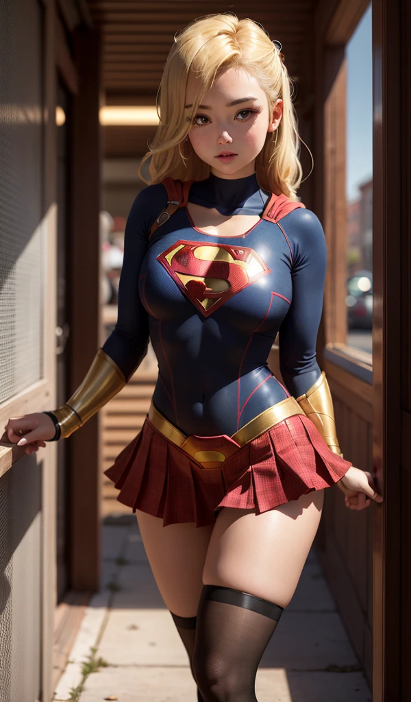 4K, Practical, Charming, Very detailed, There is a girl in heaven, Wearing super girl costume, She's Super Girl, Superhero Theme, Blonde hair, 25 years old, whole body
