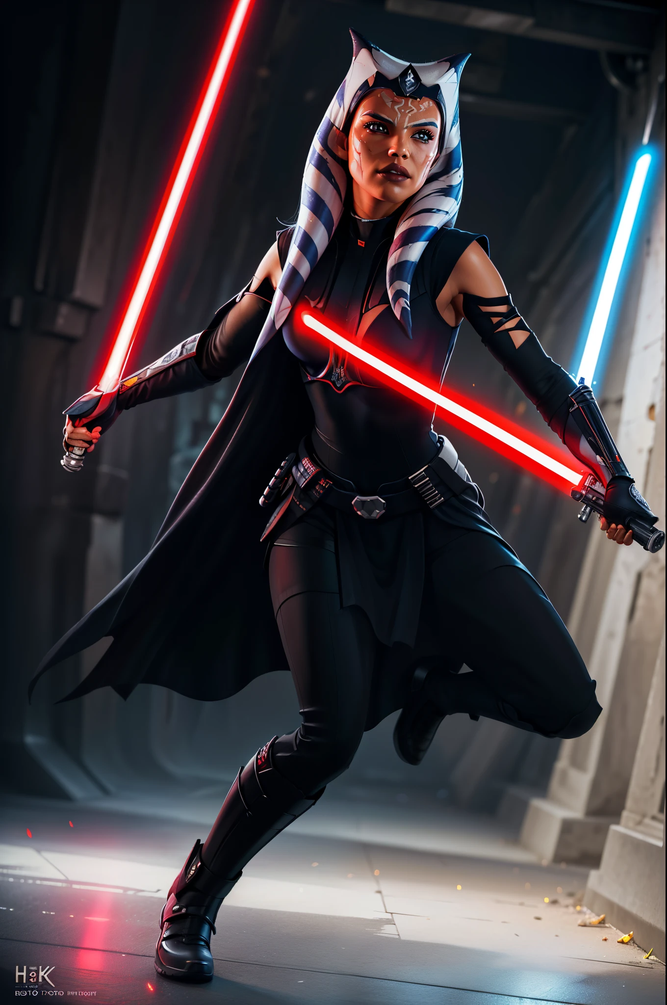 photorealistic, octane render, best quality, sharp focus, 8k, 4k, Masterpiece, Best Quality, realistic skin texture, extremely detailed, intricate, hyper detailed, illustration, soft lighting, high resolution, sharp detail, ahsoka tano, young, dark_ahsoka, sith, full body, evil, red lightsaber