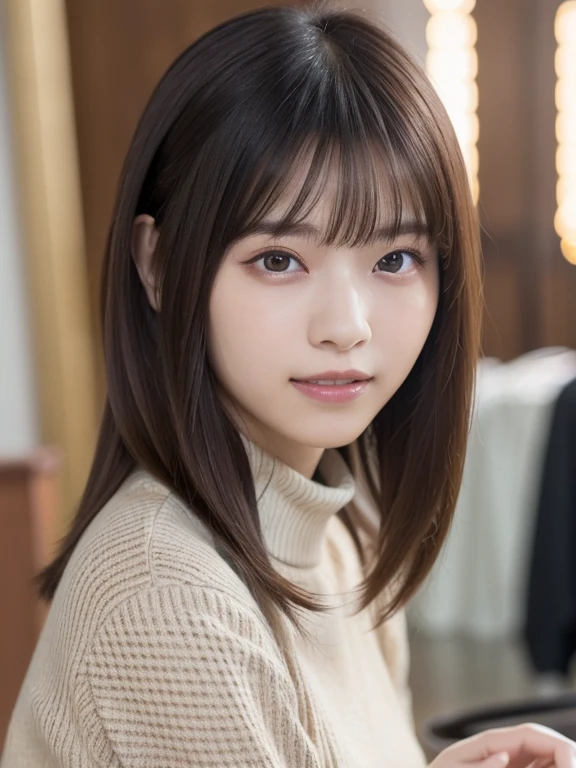 ((masterpiece)), ((highest quality)), (Very detailed), ((Very detailed)), 4K, (8k), highest quality, (beautiful), Genuineistic, Genuine, Dynamic Angle 0, Front view of a young and cute Japanese girl ,city, Gorgeous appearance ,Long Bob Hair ,1 girl, alone, &References;uniform&References;,「Costumes」,&References;Clothes&References;,beige boa blouson, White high neck sweater, Grey checked mini skirt, Brown boots, ((beautiful eyes)), Big Breasts, Big smile, Very cute face, Glossy Lips, Double eyelids on both eyes, Long eyelashes ,Natural Makeup, shiny smooth light brown hair of Long Bob Hair, Asymmetrical bangs, High resolution, Attention to detail, Detailed hairstyle, Detailed face, Cinema Lighting, Octane Rendering, hyper Genuineistic, Perfect limbs, Perfect Anatomy