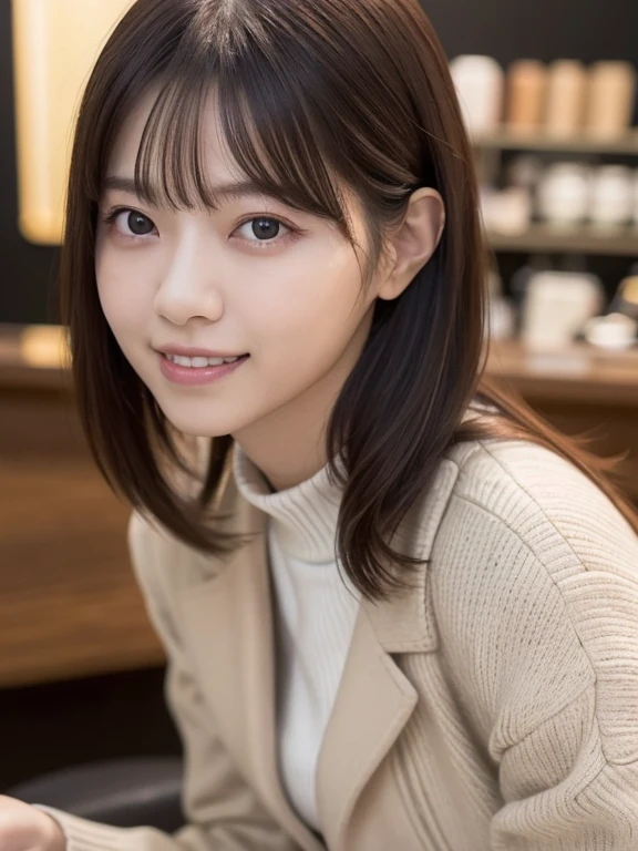 ((masterpiece)), ((highest quality)), (Very detailed), ((Very detailed)), 4K, (8k), highest quality, (beautiful), Genuineistic, Genuine, Dynamic Angle 0, Front view of a young and cute Japanese girl ,city, Gorgeous appearance ,Long Bob Hair ,1 girl, alone, &References;uniform&References;,「Costumes」,&References;Clothes&References;,beige boa blouson, White high neck sweater, Grey checked mini skirt, Brown boots, ((beautiful eyes)), Big Breasts, Big smile, Very cute face, Glossy Lips, Double eyelids on both eyes, Long eyelashes ,Natural Makeup, shiny smooth light brown hair of Long Bob Hair, Asymmetrical bangs, High resolution, Attention to detail, Detailed hairstyle, Detailed face, Cinema Lighting, Octane Rendering, hyper Genuineistic, Perfect limbs, Perfect ???????