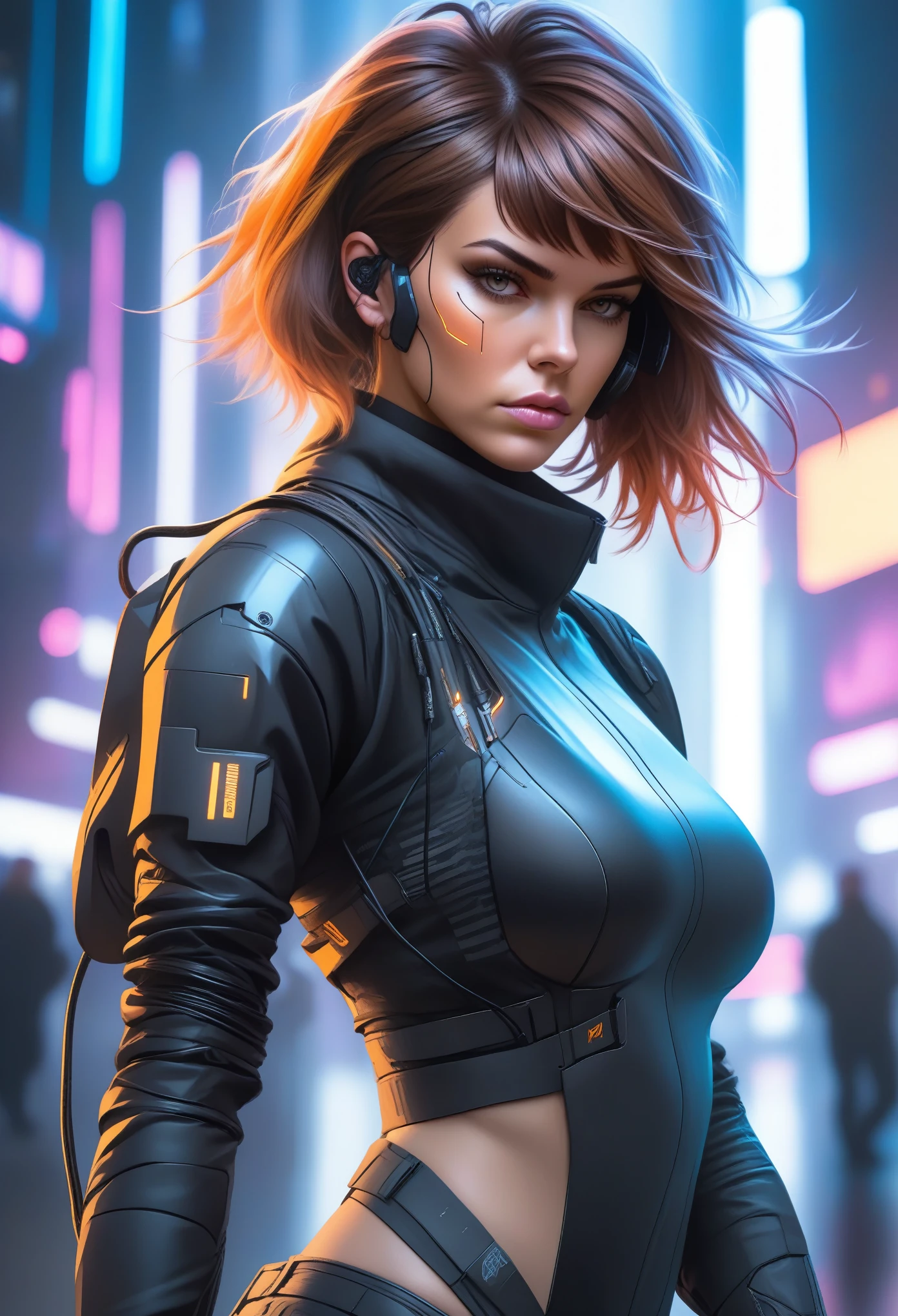 Techwear fashion in the style of artgerm, Cyberpunk Style, 1woman, Velma, cyberpunk clothing, female focus, cyberpunk background, robot, science fiction, solo, full body, wires and cables, . Futuristic, cyberpunk, urban, tactical, sleek, dark, highly detailed
