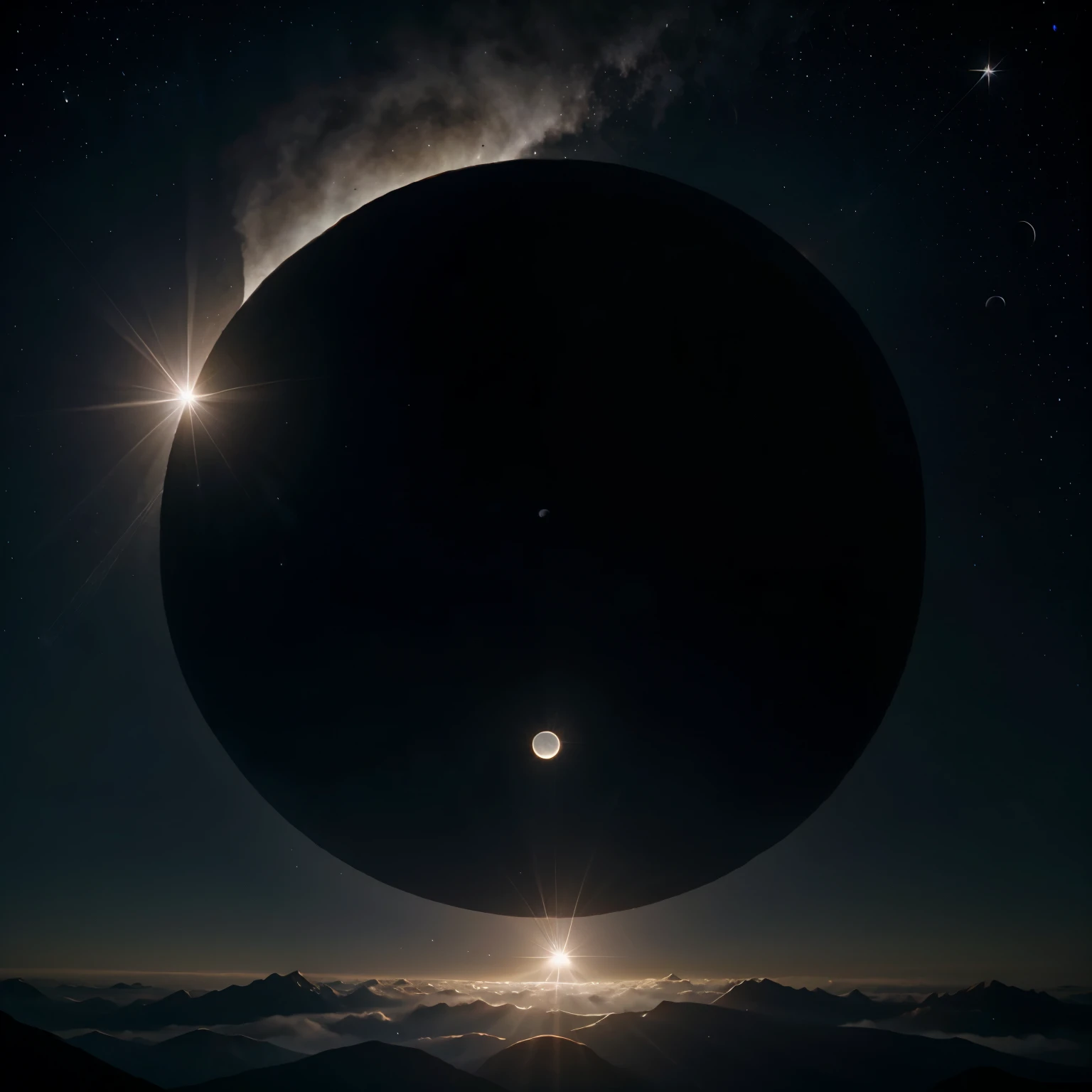 A space full of stars, comets and the sun and the moon making the most beautiful eclipse